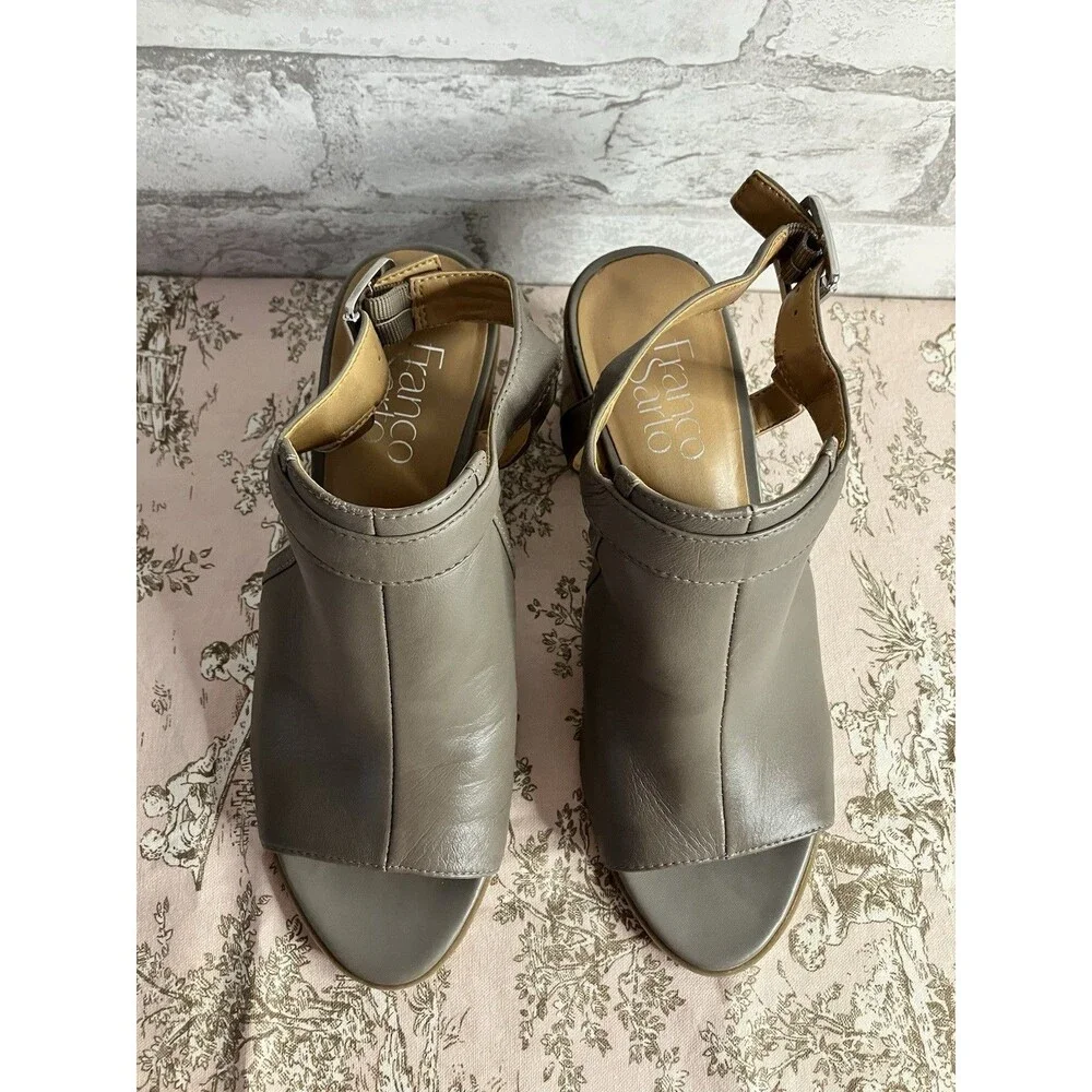 Franco Sarto Taupe Leather Shooties 7M Chunky Heel Peep Toe Cut Out Slingback